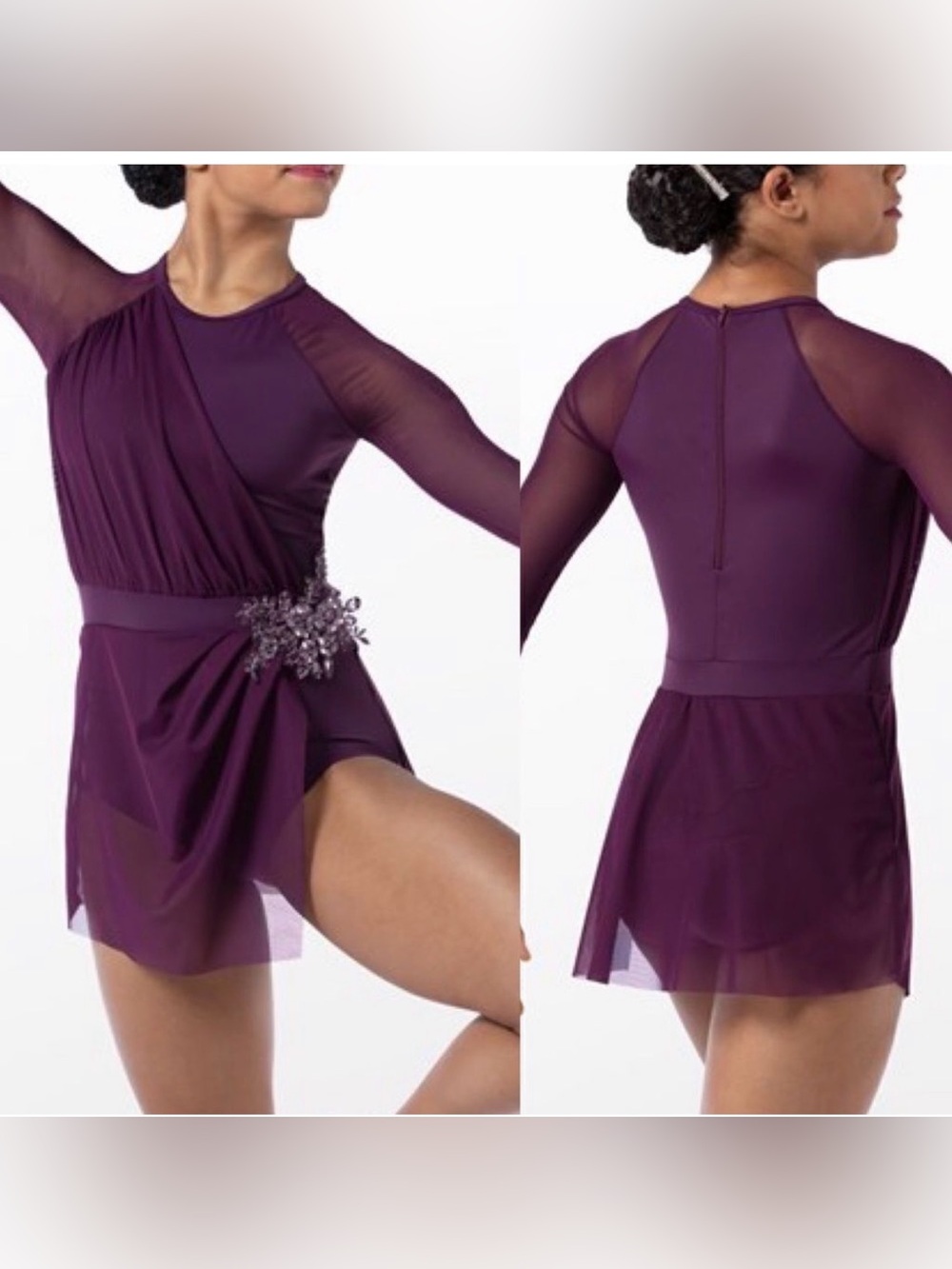 Weissman dance costume long sleeve mesh purple beaded Alone 13520 MA adult